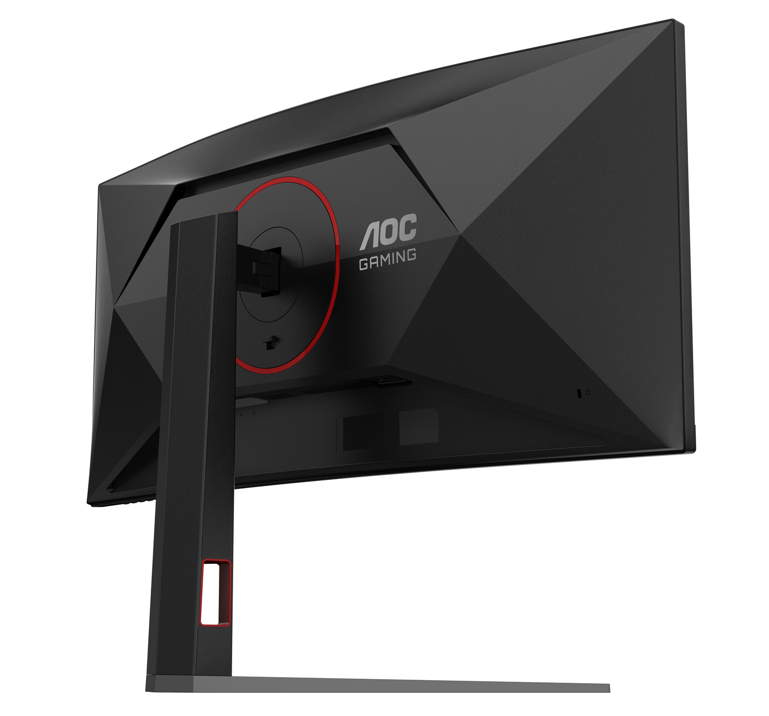 Vista trasera de un monitor gaming AOC. Es negro, con un círculo de acento rojo. El soporte también es negro. La marca es visible.