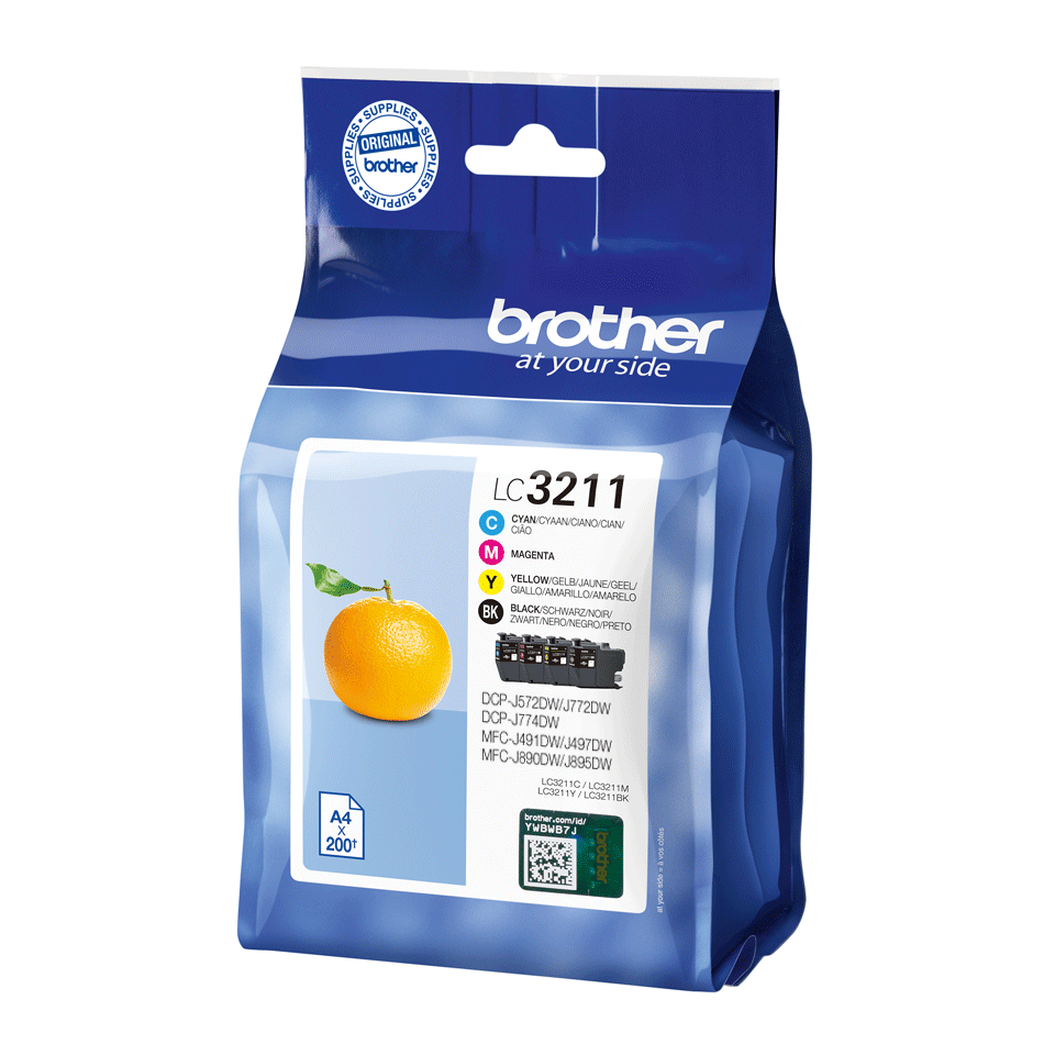Eine Brother-Tintenpatronenverpackung. Sie zeigt ein Bild einer Orange und Textetiketten für Tintenfarben und kompatible Druckermodelle.