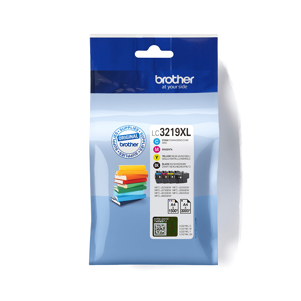 Eine Brother LC3219XL Tintenpatronenverpackung wird gezeigt. Es ist eine blaue Tüte mit Text und Bildern, einschließlich Farbtintenmustern.