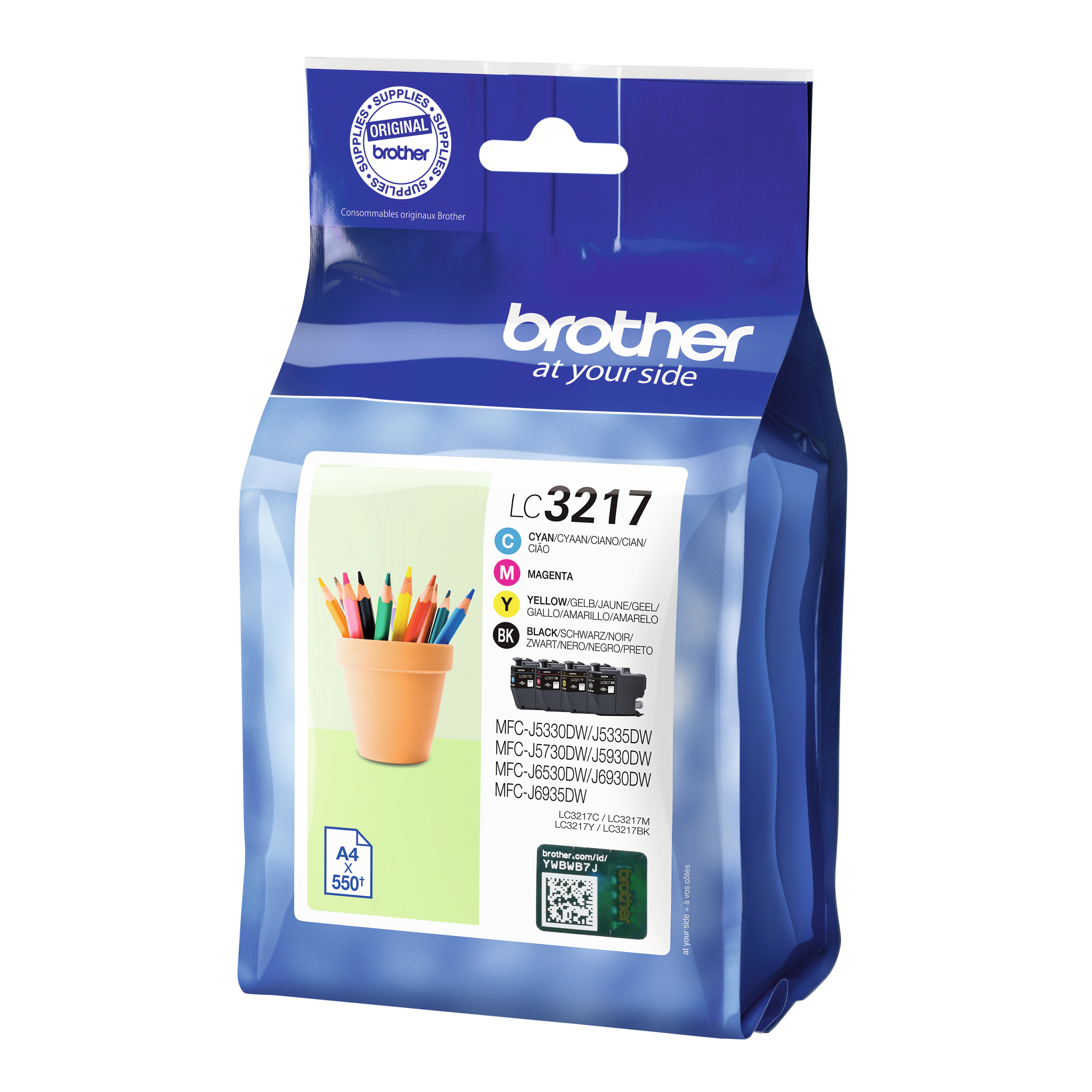 A Brother ink cartridge package with colored pencils in a small pot. The package is blue with white text.