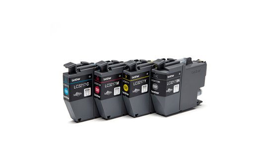 Four Brother ink cartridges: cyan, magenta, yellow, and black. Each labeled with model number and color. Background is white.