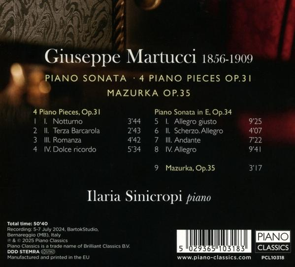 CD-Cover mit Text: Giuseppe Martucci Piano Sonata. Enthält Titelliste, Interpret Ilaria Sinicropi und Piano Classics Logo.