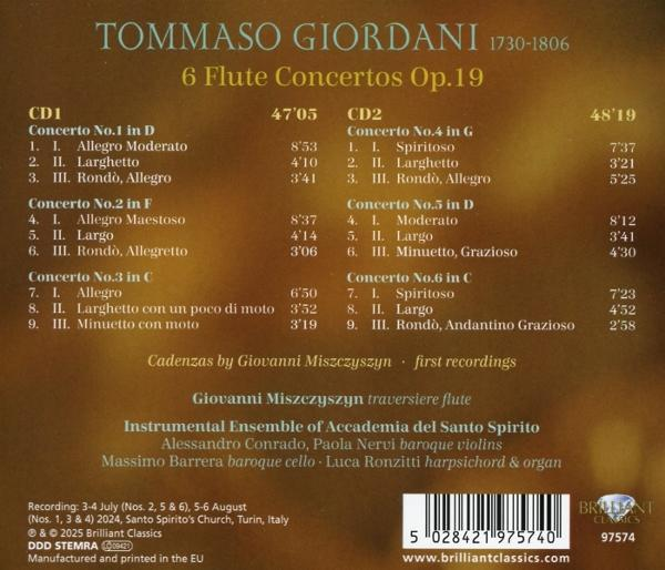 CD-Cover mit Text über Tommaso Giordanis 6 Flötenkonzerte. Es listet Sätze und Spieldauer auf.