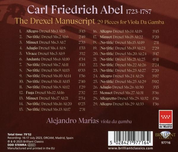 CD-Cover mit einer Liste von Musikstücken von Carl Friedrich Abel. Mit dem Künstler Alejandro Marías und dem Logo von Brilliant Classics.