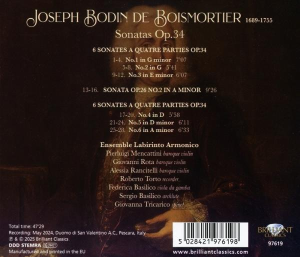 CD-Cover mit Text über Joseph Bodin de Boismortiers Sonaten Op.34. Ensemble Labirinto Armonico wird genannt. Ein Porträt ist im Hintergrund.