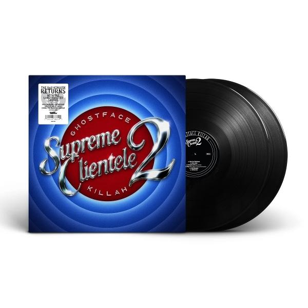 Albumcover für Ghostface Killahs Supreme Clientele 2, mit zwei schwarzen Schallplatten. Das Cover zeigt den Albumtitel und den Künstler.