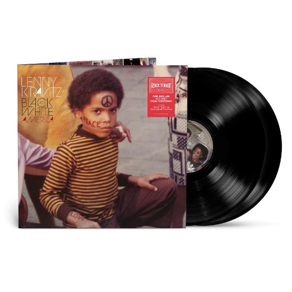 Albumcover von Lenny Kravitz' Black and White America. Ein Junge mit Peace-Zeichen auf der Stirn steht im Mittelpunkt, rechts eine Schallplatte.