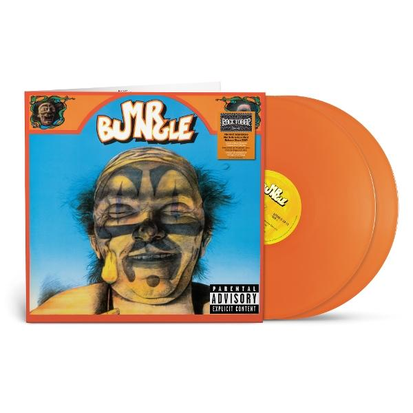 Albumcover von Mr. Bungle mit einem Clown-Gesicht. Rechts zwei orangefarbene Schallplatten. Parental Advisory-Aufkleber sichtbar.