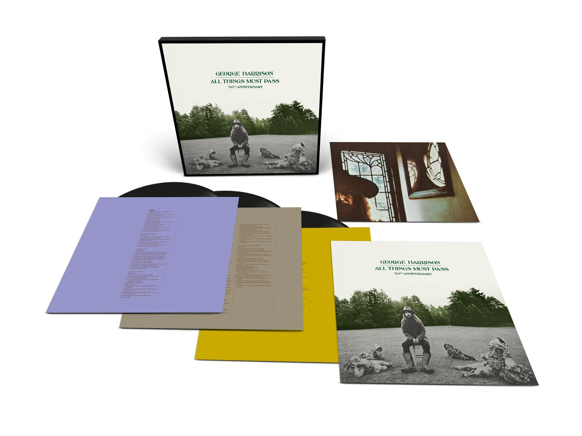 A "All Things Must Pass" George Harrison album borítója. Tartalmazza az albumot, a bakeliteket és a dalszövegeket tartalmazó betéteket. Mező jelenet.