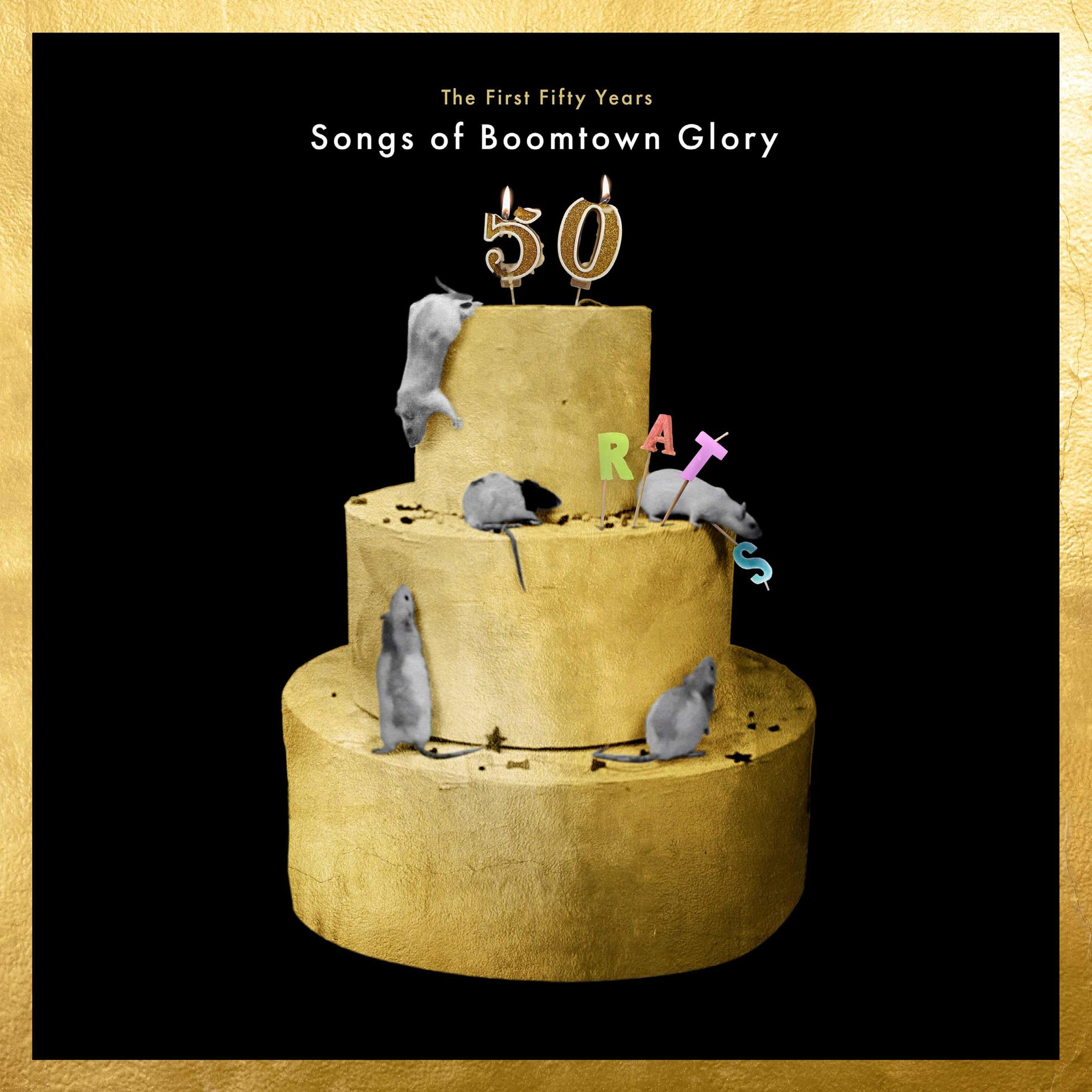 Eine dreistufige goldene Torte mit Mäusen, Kerzen mit der Aufschrift '50' und dem Wort 'RATS'. Schwarzer Hintergrund mit goldenem Rand.