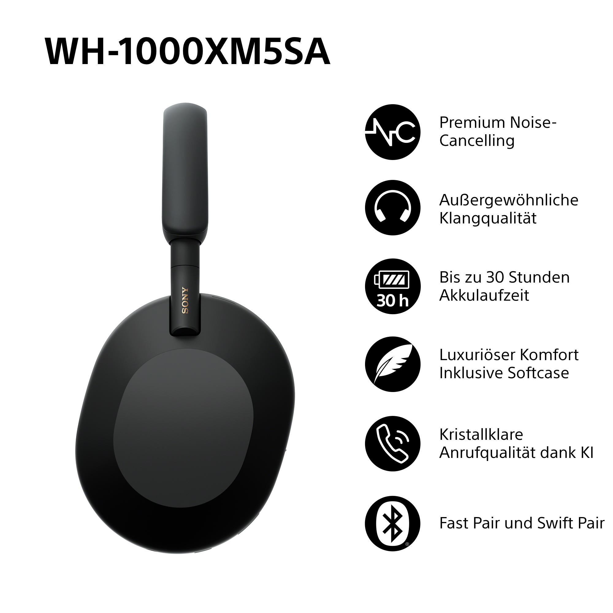 Schwarzer Sony WH-1000XM5SA-Kopfhörer. Merkmale: Geräuschunterdrückung, 30h Akku, schnelles Pairing. Symbole mit Beschreibungen.