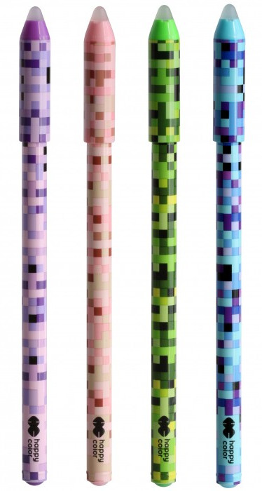 Cztery kolorowe długopisy z pikselowymi wzorami. Długopisy są różowe, zielone, niebieskie i fioletowe, z logo "happy color".
