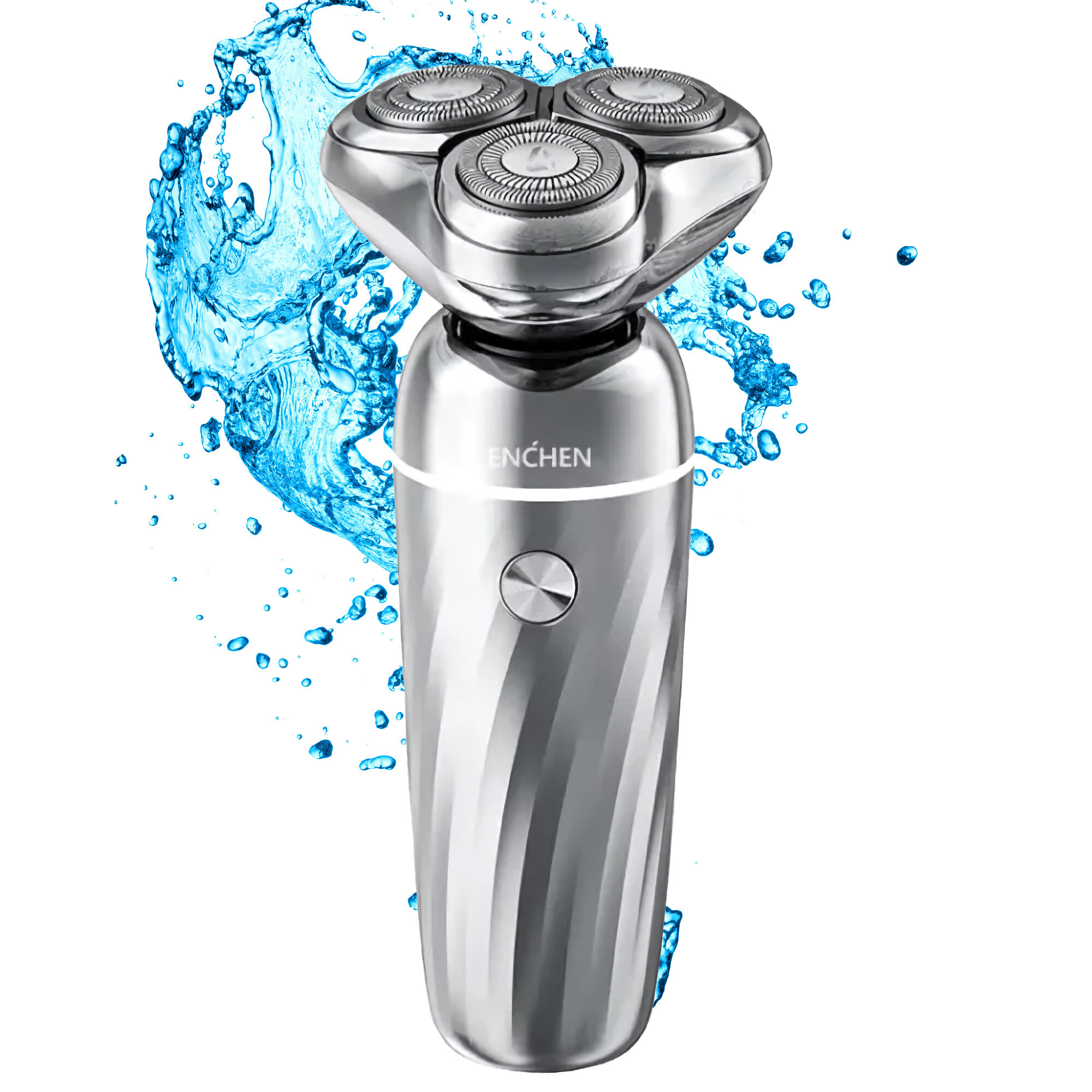 Srebrna golarka elektryczna z trzema głowicami, za nią rozprysk wody, białe tło.