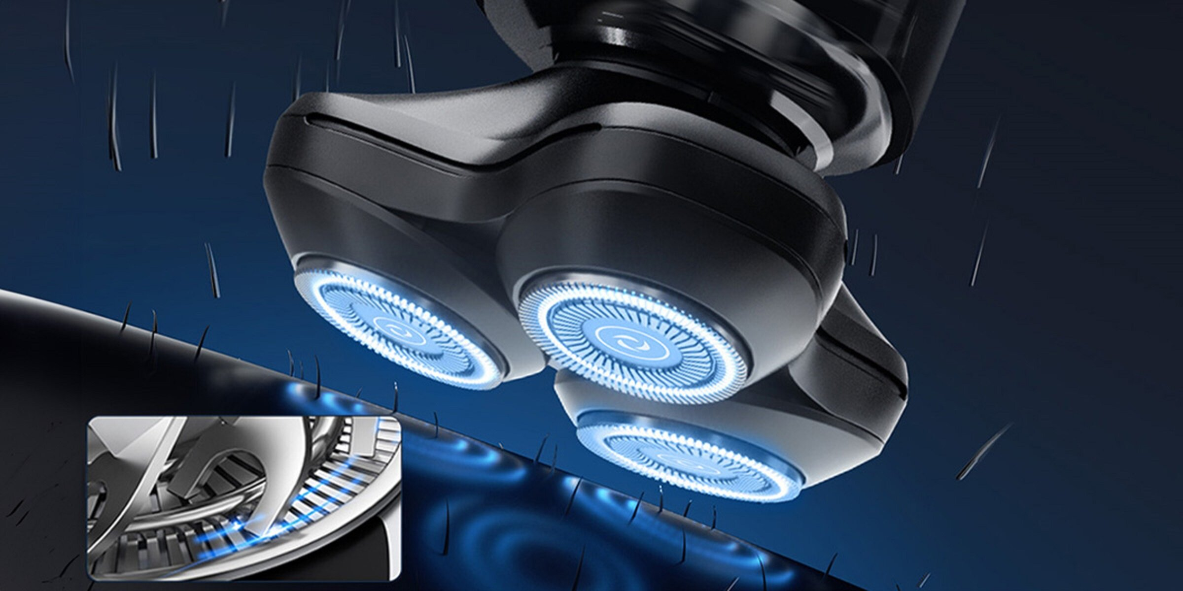 Zbliżenie czarnej golarki elektrycznej z trzema obrotowymi głowicami. Włosy są cięte, a małe włoski spadają na niebieskie tło.