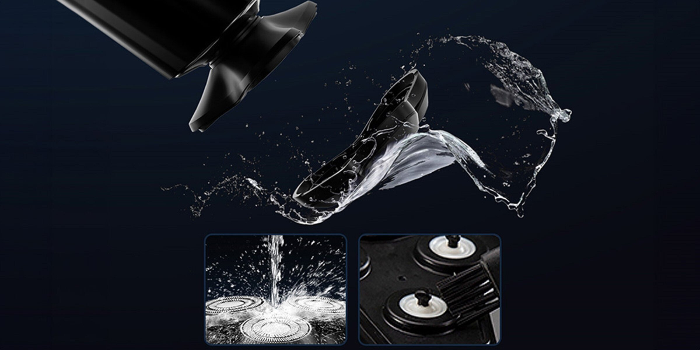 Czarna golarka elektryczna z efektem rozprysku wody. Dwa obrazy pokazują czyszczenie i szczotkę.