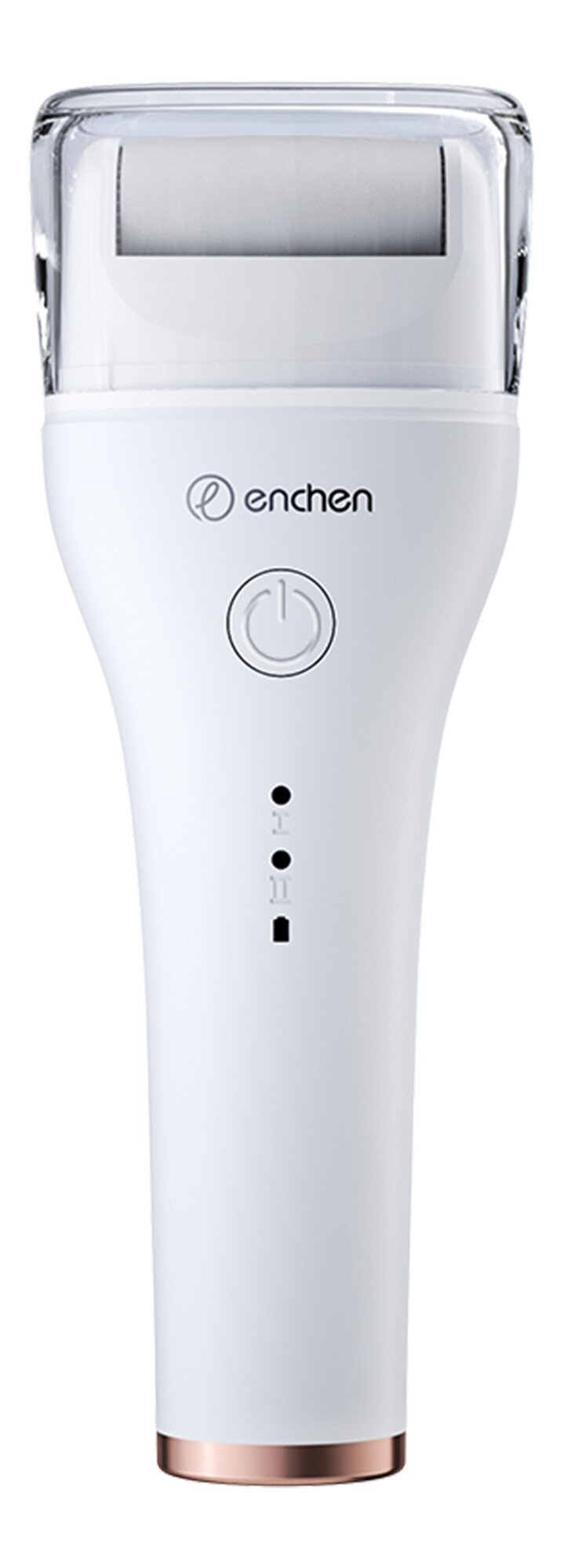 Białe urządzenie do pielęgnacji stóp z przezroczystym wierzchem i różowo-złotą podstawą. Posiada logo 'enchen'.