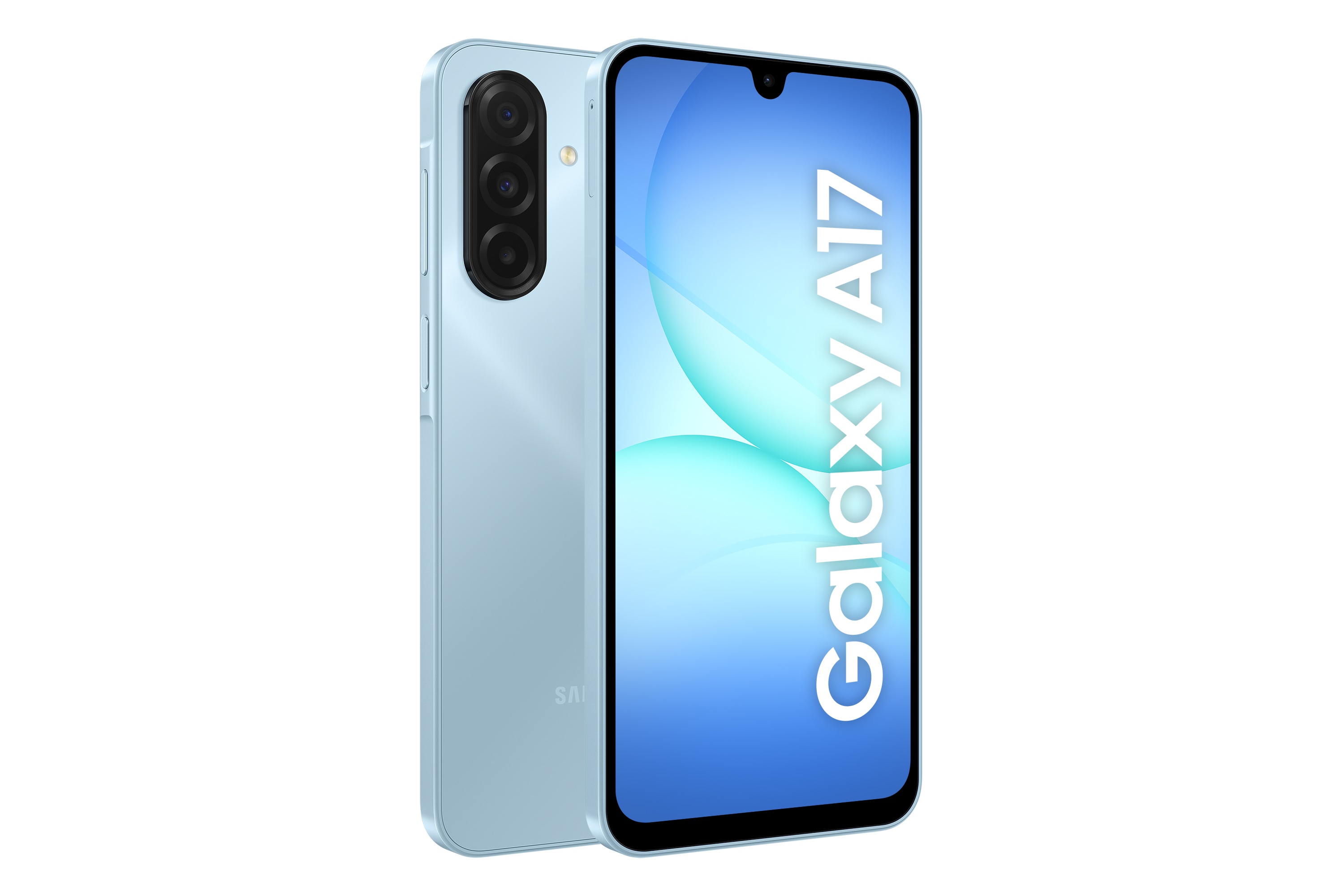 Jasnoniebieski telefon Galaxy A17 na czarnym tle. Ekran wyświetla słowa Galaxy A17.