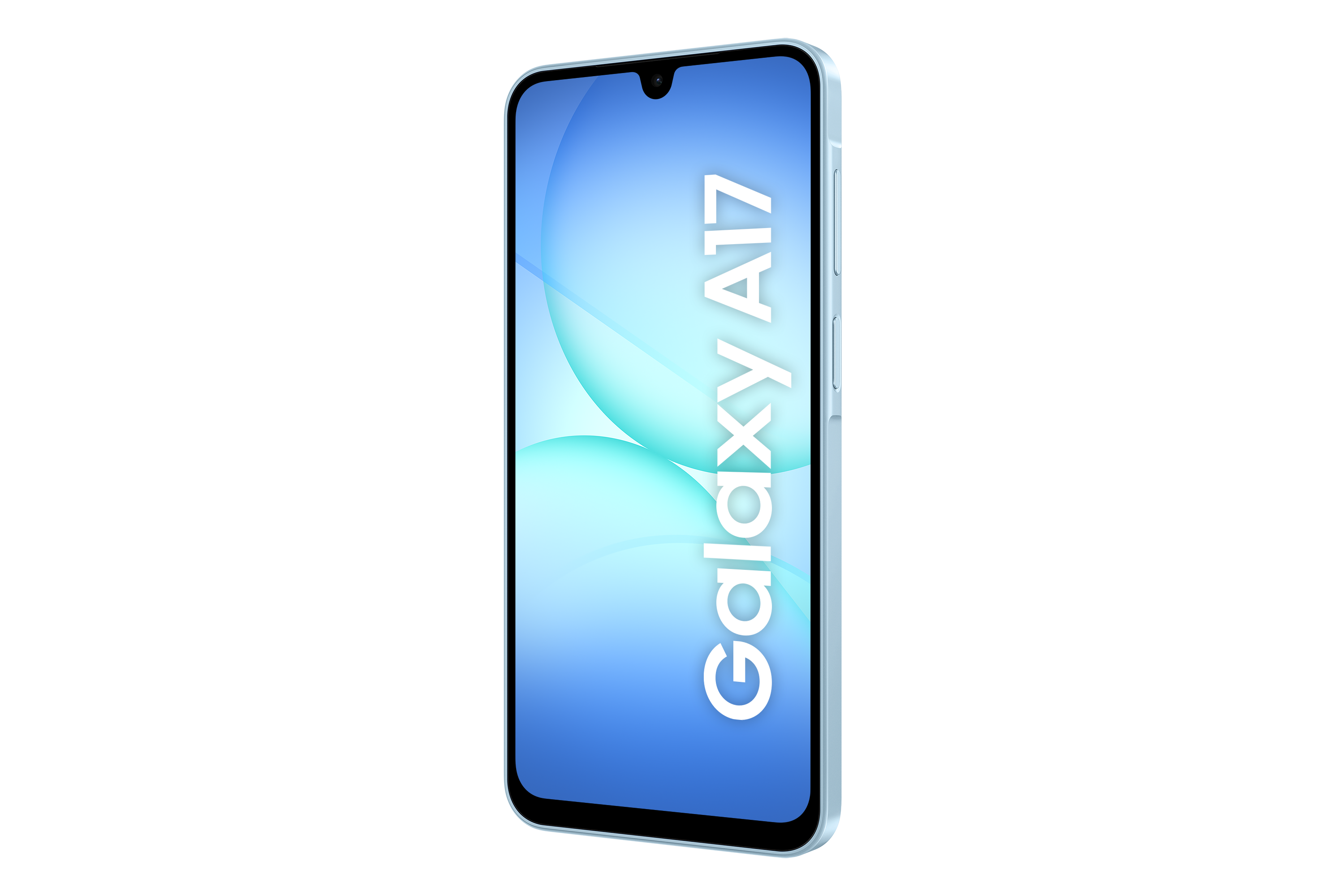 Smartfon Samsung Galaxy A17 z niebieskim ekranem wyświetlającym abstrakcyjne kształty na czarnym tle.