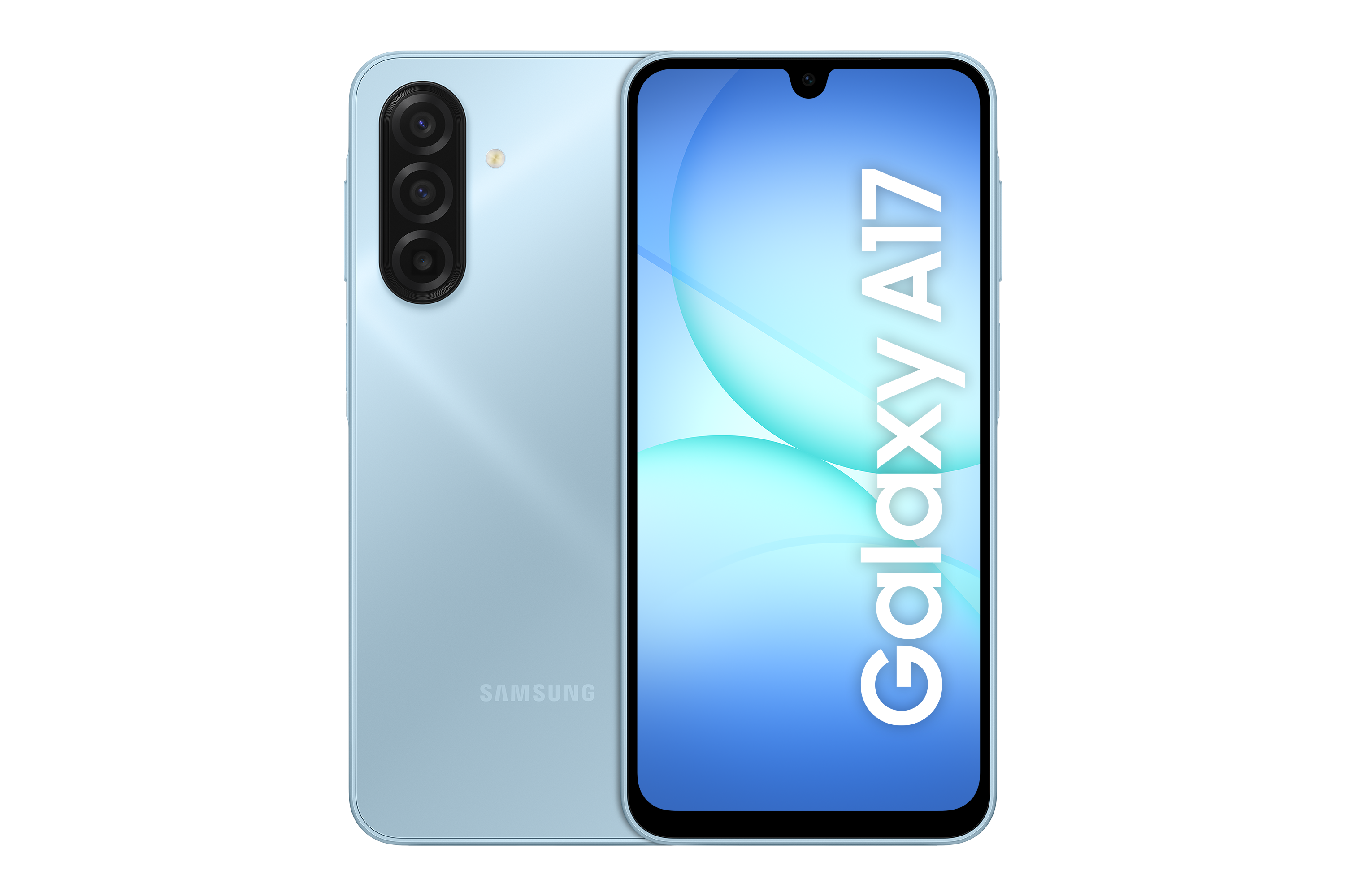 Wyświetlany jest jasnoniebieski smartfon Samsung Galaxy A17. Ekran wyświetla logo Galaxy A17.