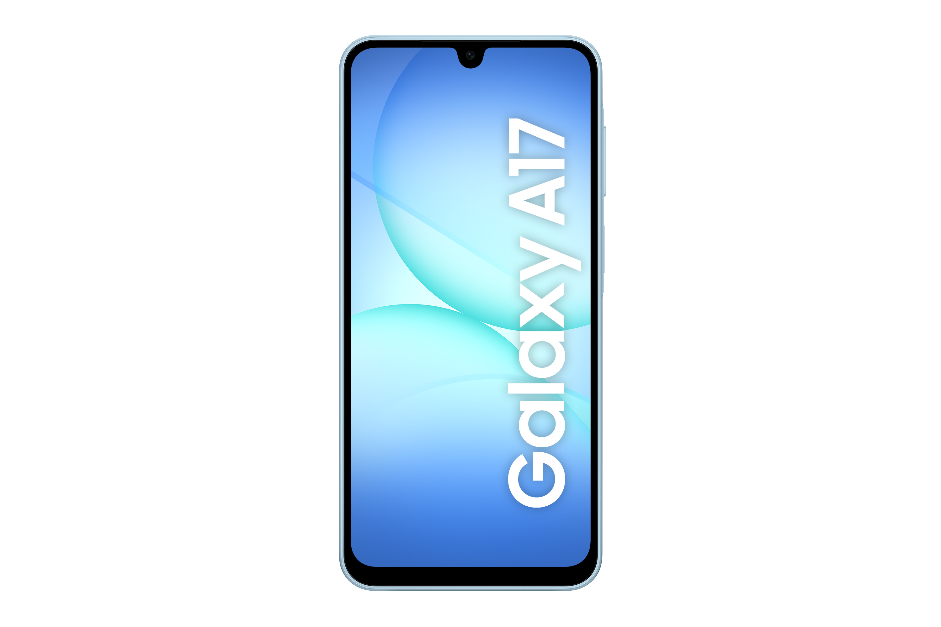 Smartfon z jasnoniebieską ramką i niebieskim ekranem z napisem 'Galaxy A17' w białym tekście na czarnym tle.