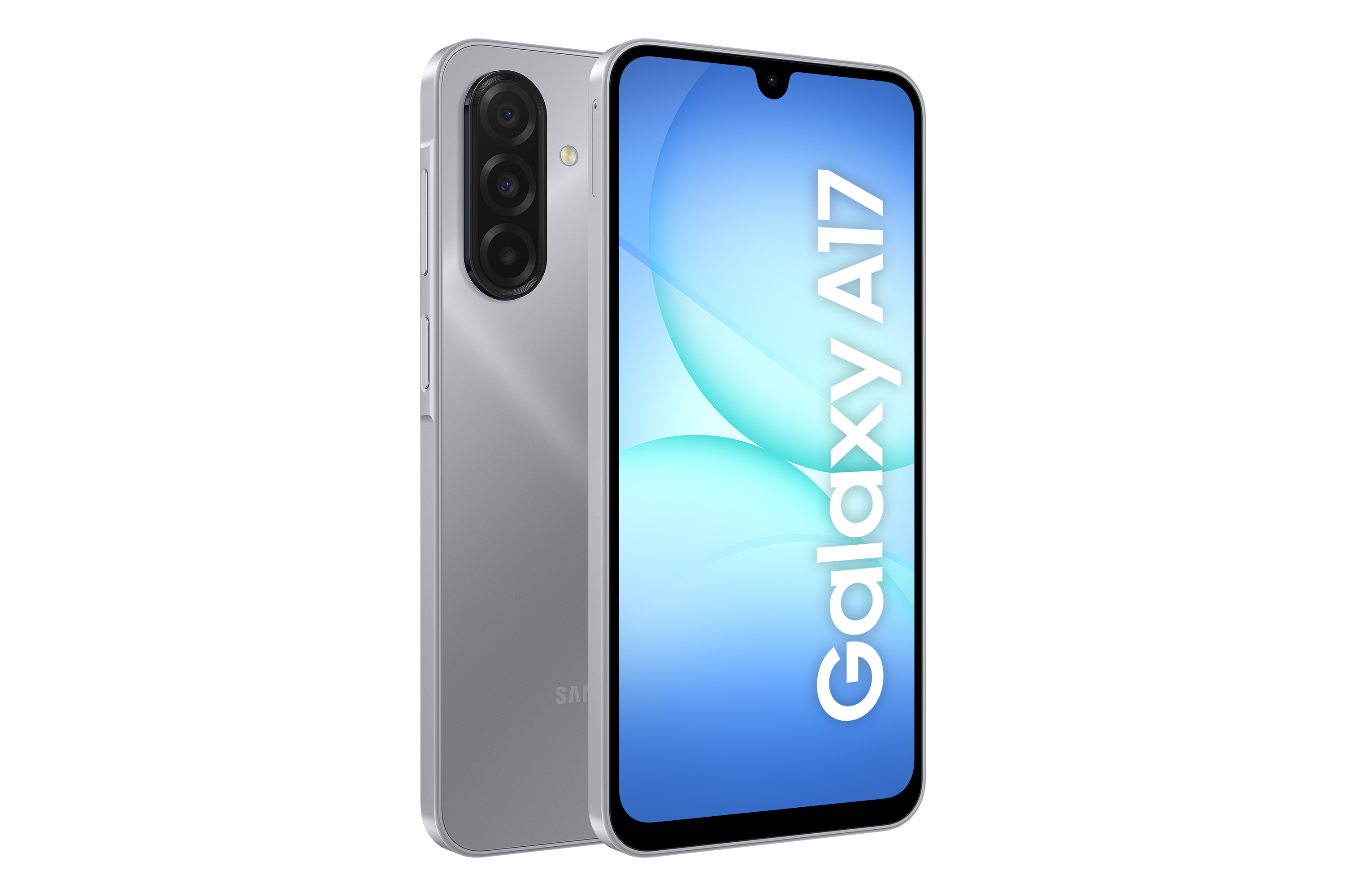 Srebrny telefon Samsung Galaxy A17 jest wyświetlany, pokazując ekran z napisem 'Galaxy A17' i tył z aparatami na czarnym tle.