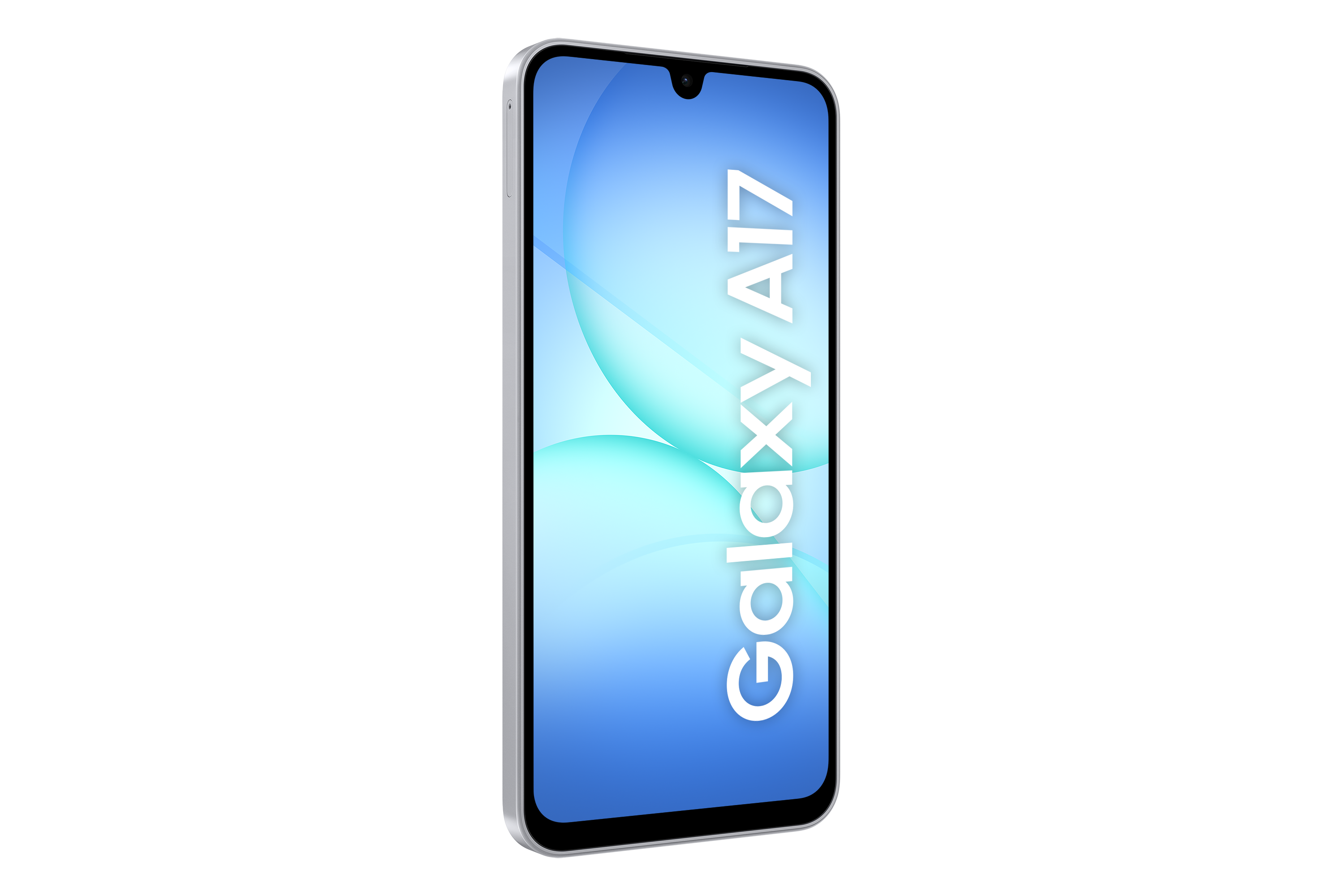 Srebrny smartfon Samsung Galaxy A17, ekran wyświetla niebieski gradient z białym tekstem: Galaxy A17. Tło jest czarne.