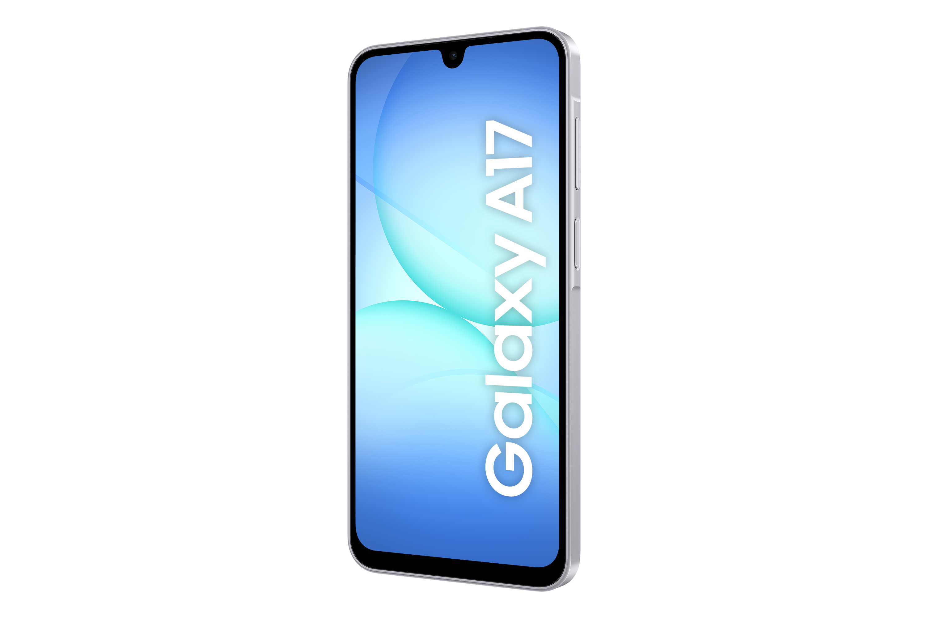 Srebrny smartfon Samsung Galaxy A17 z niebieskim ekranem na czarnym tle. Telefon wyświetla biały tekst 'Galaxy A17'.