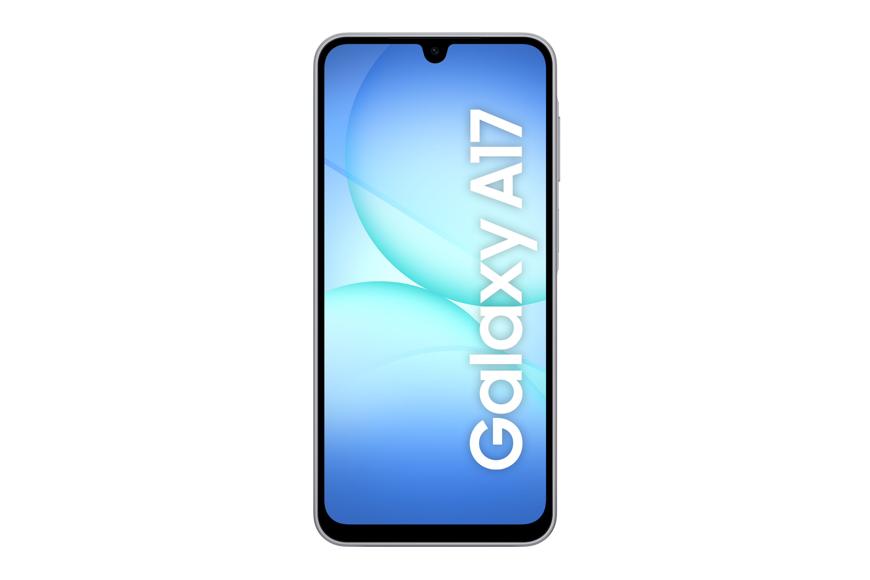 Smartfon z niebieskim ekranem wyświetlającym gradient. Telefon oznaczony "Galaxy A17" na czarnym tle.