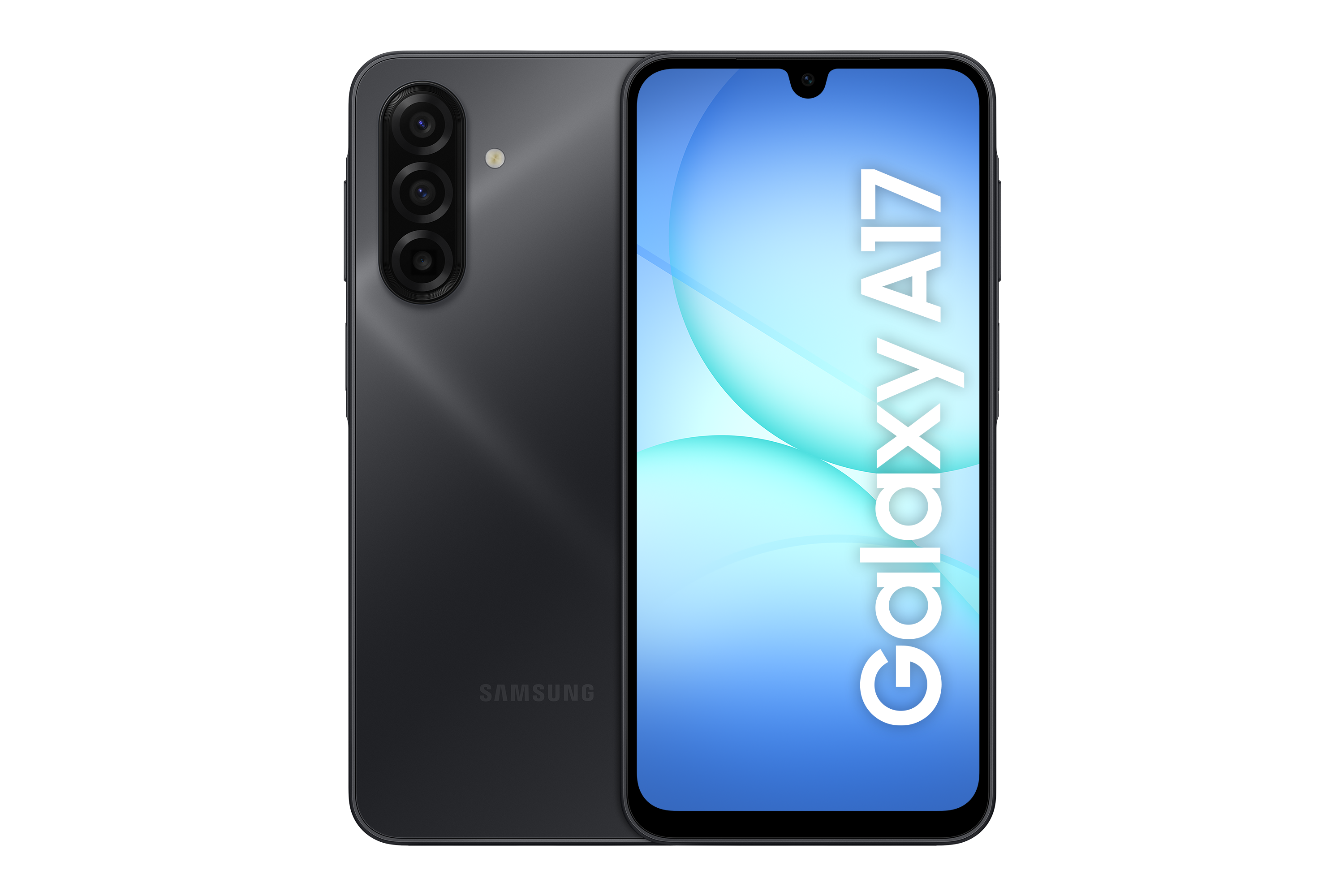 Czarny smartfon Samsung Galaxy A17. Ekran wyświetla "Galaxy A17" w kolorze białym. Tył pokazuje układ kamery.