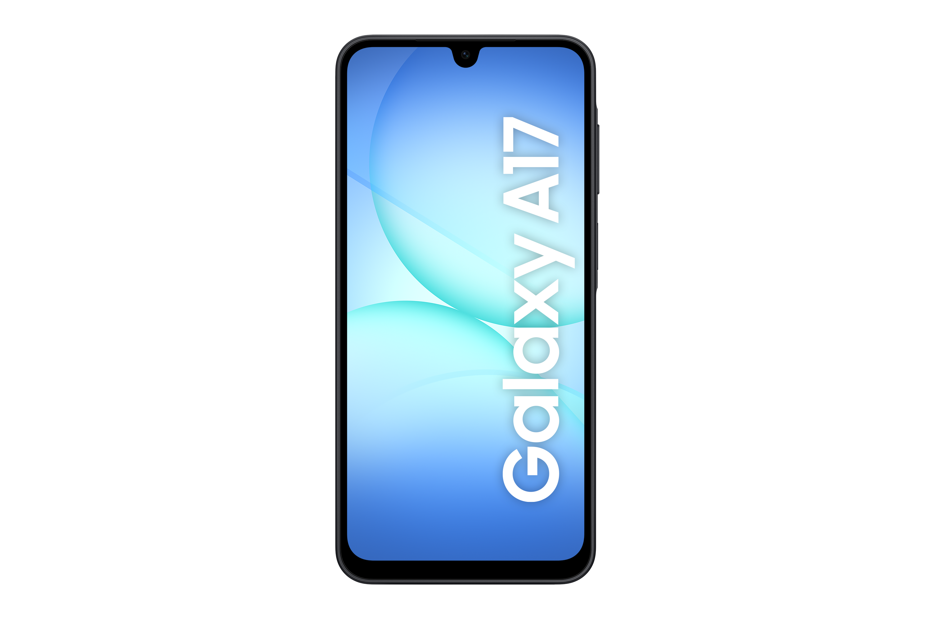 Smartfon z niebieskim gradientem, biały tekst 'Galaxy A17'. Na czarnym tle.