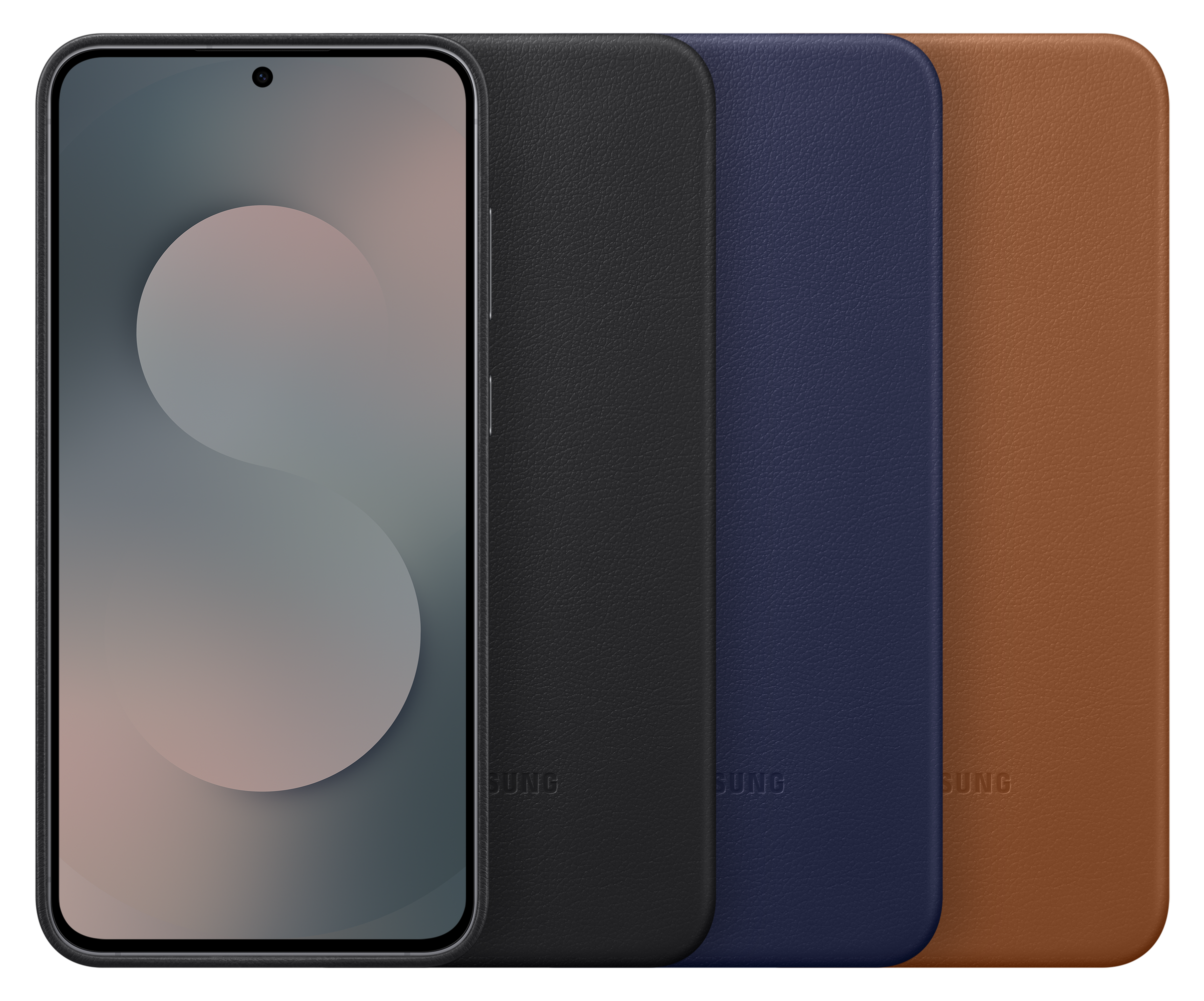 Smartfon obok czterech skórzanych etui na telefon w kolorze czarnym, niebieskim i brązowym. Telefon wyświetla abstrakcyjny obraz.