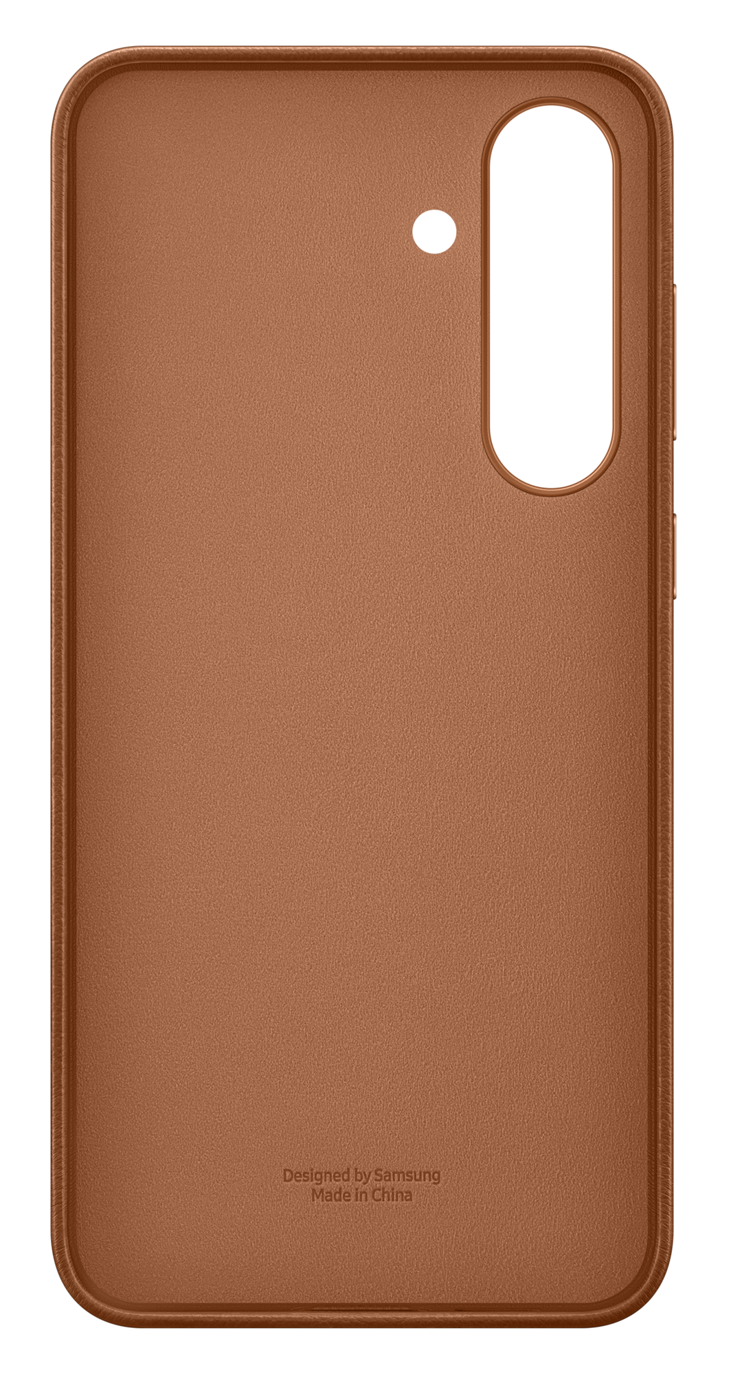 Brązowe etui na telefon z wycięciem na aparat i detalami przycisków, zaprojektowane przez Samsung i wyprodukowane w Chinach, na czarnym tle.