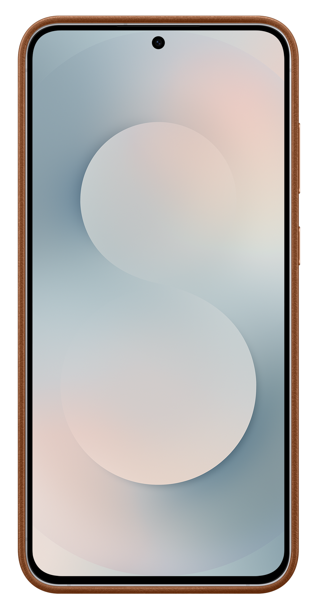 Smartfon z brązowym skórzanym etui wyświetla jasnoniebieskie i różowe gradientowe tło z białym okrągłym wzorem.