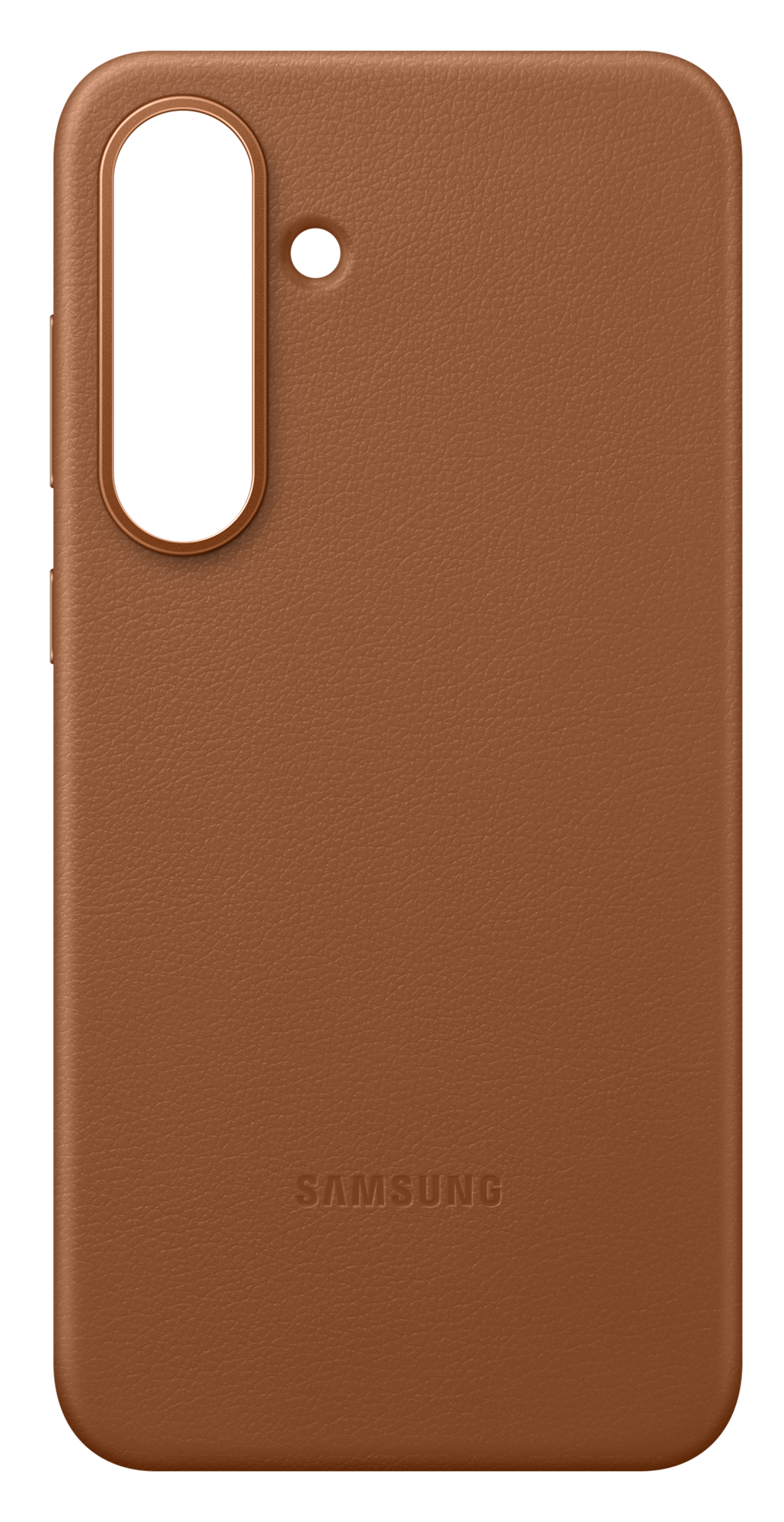 Brązowe skórzane etui na telefon z wycięciem na aparat i logo Samsung. Etui znajduje się na czarnym tle.