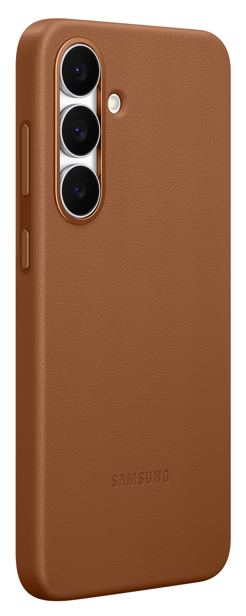 Brązowe skórzane etui na telefon z trzema obiektywami aparatu i logo Samsung. Przycisk zasilania i przyciski głośności znajdują się z boku.