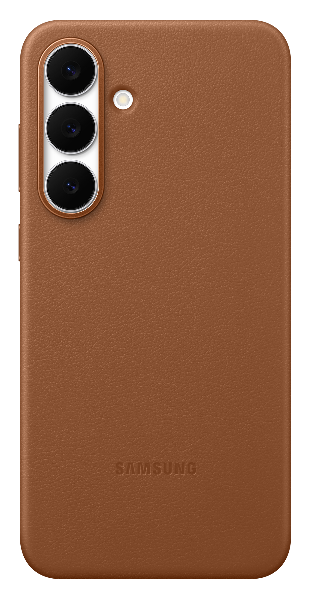 Brązowe etui na telefon z potrójnym obiektywem aparatu i lampą błyskową. Logo Samsung jest widoczne na dole. Tło jest czarne.