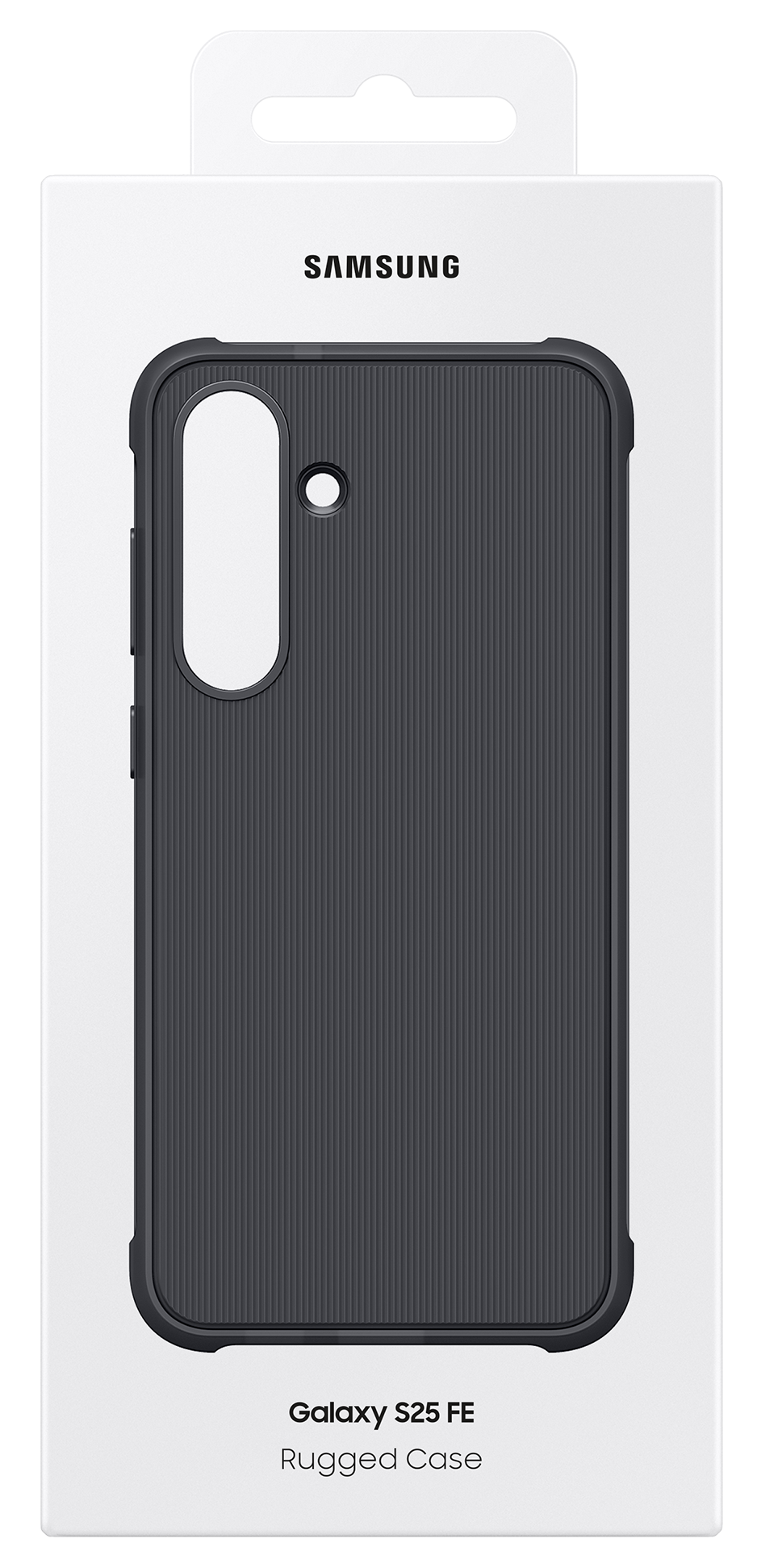 Ciemnoszare etui na telefon dla Galaxy S25 FE, w białym pudełku. Etui ma żebrowaną teksturę.
