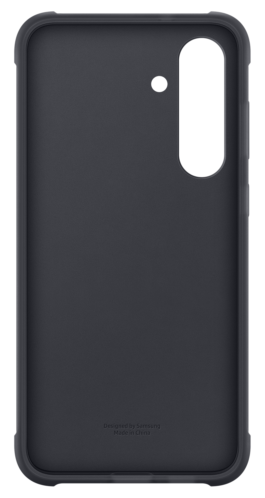 Ciemnoszara obudowa telefonu z wycięciem na aparat i małą kropką. Na obudowie znajduje się napis „Designed by Samsung Made in China”.