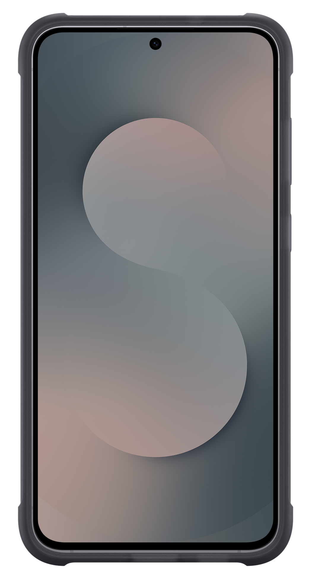 Smartfon w etui ochronnym. Ekran wyświetla gradient z jasnymi i ciemnymi odcieniami szarości oraz różowym odcieniem.