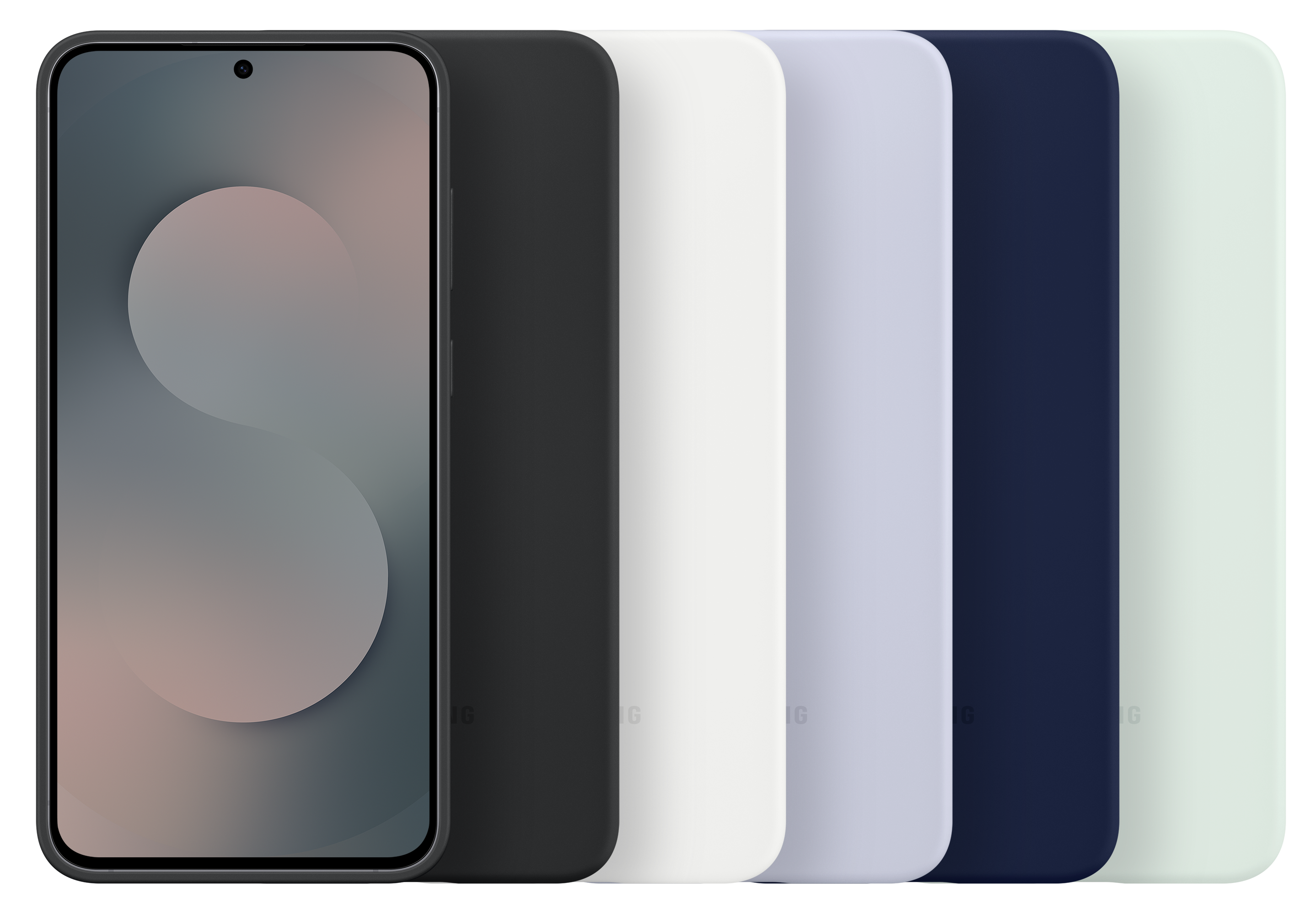 Telefon z jasnym designem obok sześciu kolorowych etui: czarnego, białego, lawendy, granatowego i miętowego.