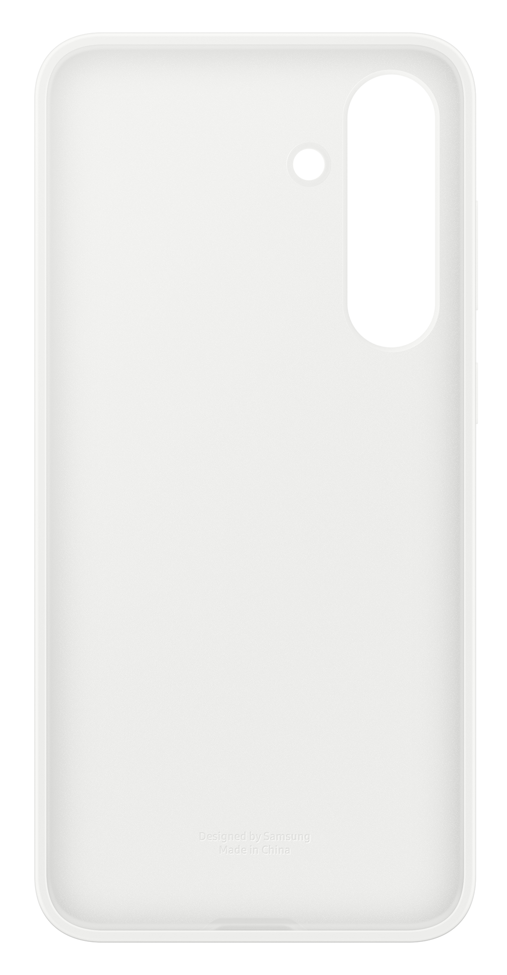 Białe etui na telefon z wycięciem na aparat i małą czarną kropką. Na etui napisano „Designed by Samsung Made in China”.