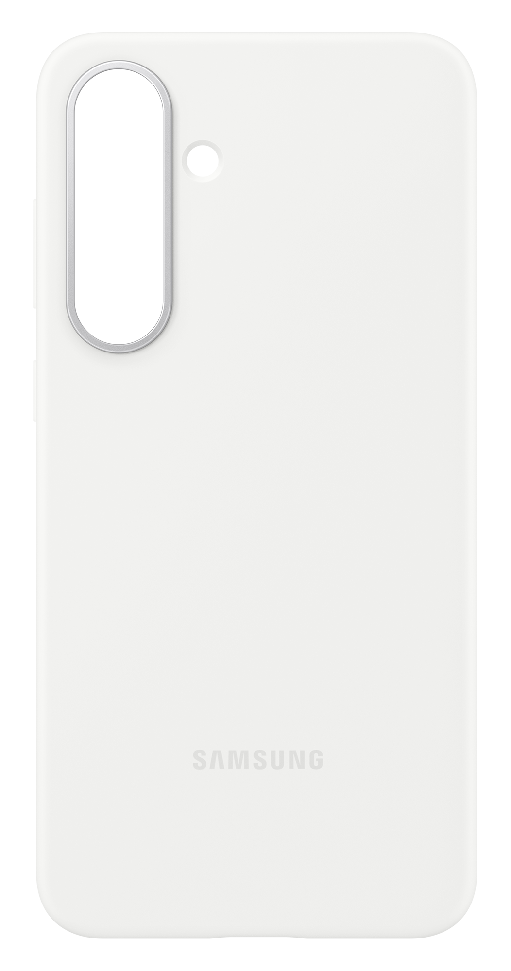 Białe etui na telefon z czarnym wycięciem na aparat i czarną kropką. Logo Samsung znajduje się na dole.