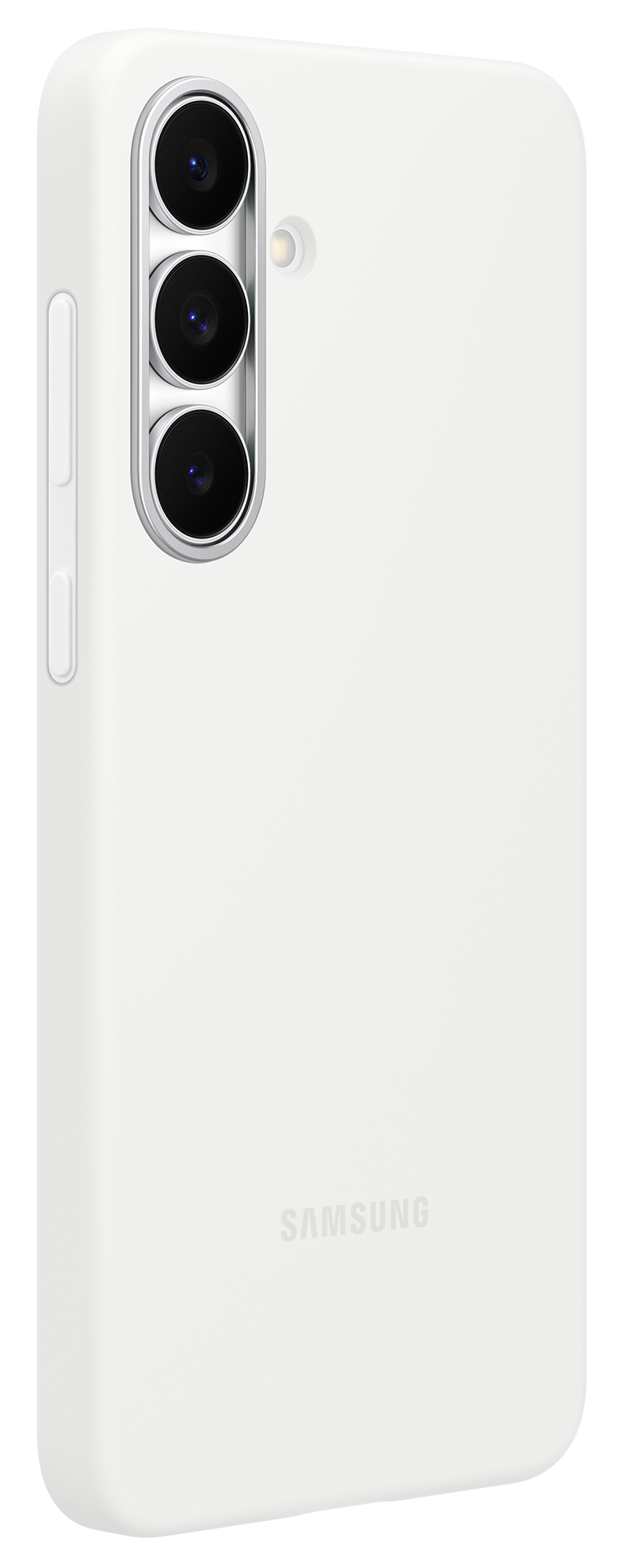 Białe etui na telefon z logo Samsung. Posiada pionową matrycę aparatu z trzema obiektywami i lampą błyskową.