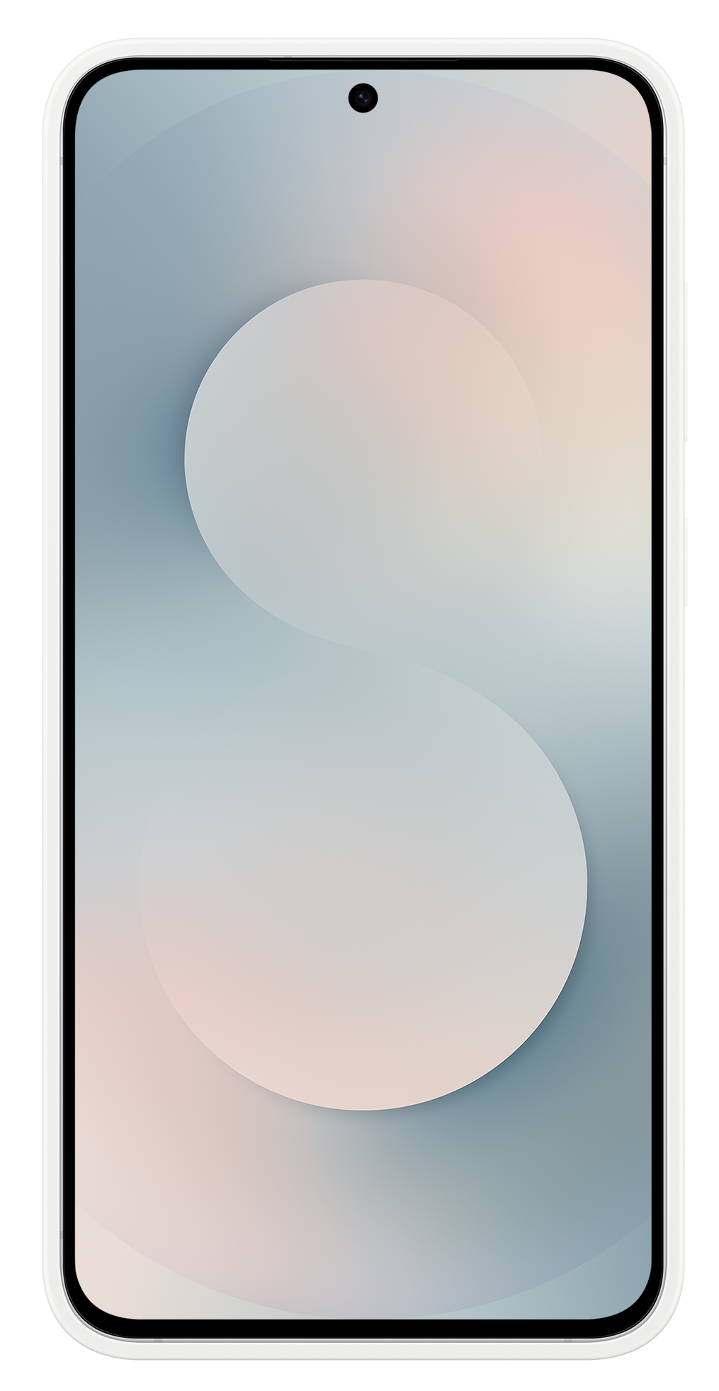 Smartfon z białą ramką. Ekran pokazuje gradientowe tło z dużym, abstrakcyjnym kształtem „S” w jasnych kolorach.