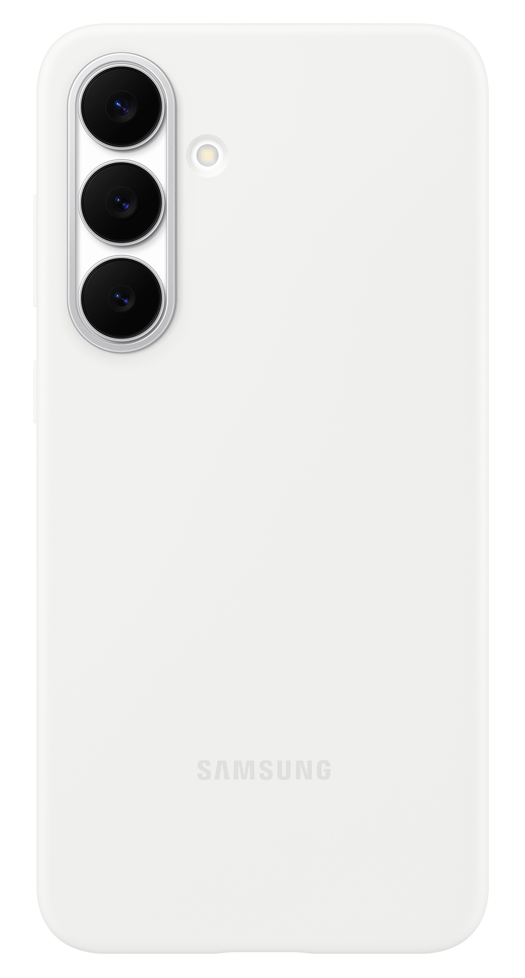 Biały tył telefonu Samsung. Posiada trzy obiektywy aparatu, lampę błyskową i logo Samsung. Minimalistyczny design.