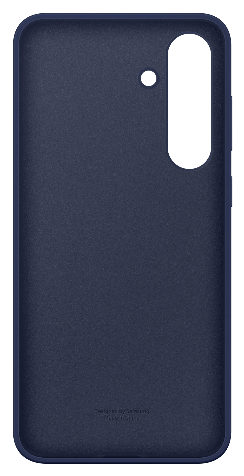 Granatowe etui na telefon. Ma wycięcie na aparat, mały otwór i przyciski. Tekst: Designed by Samsung, Made in China.