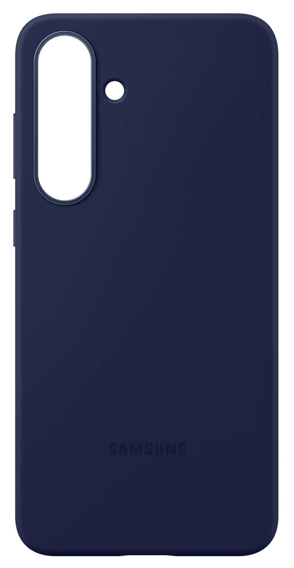 Granatowe etui na telefon. Ma wycięcie na aparat i logo Samsung. Tło jest czarne.