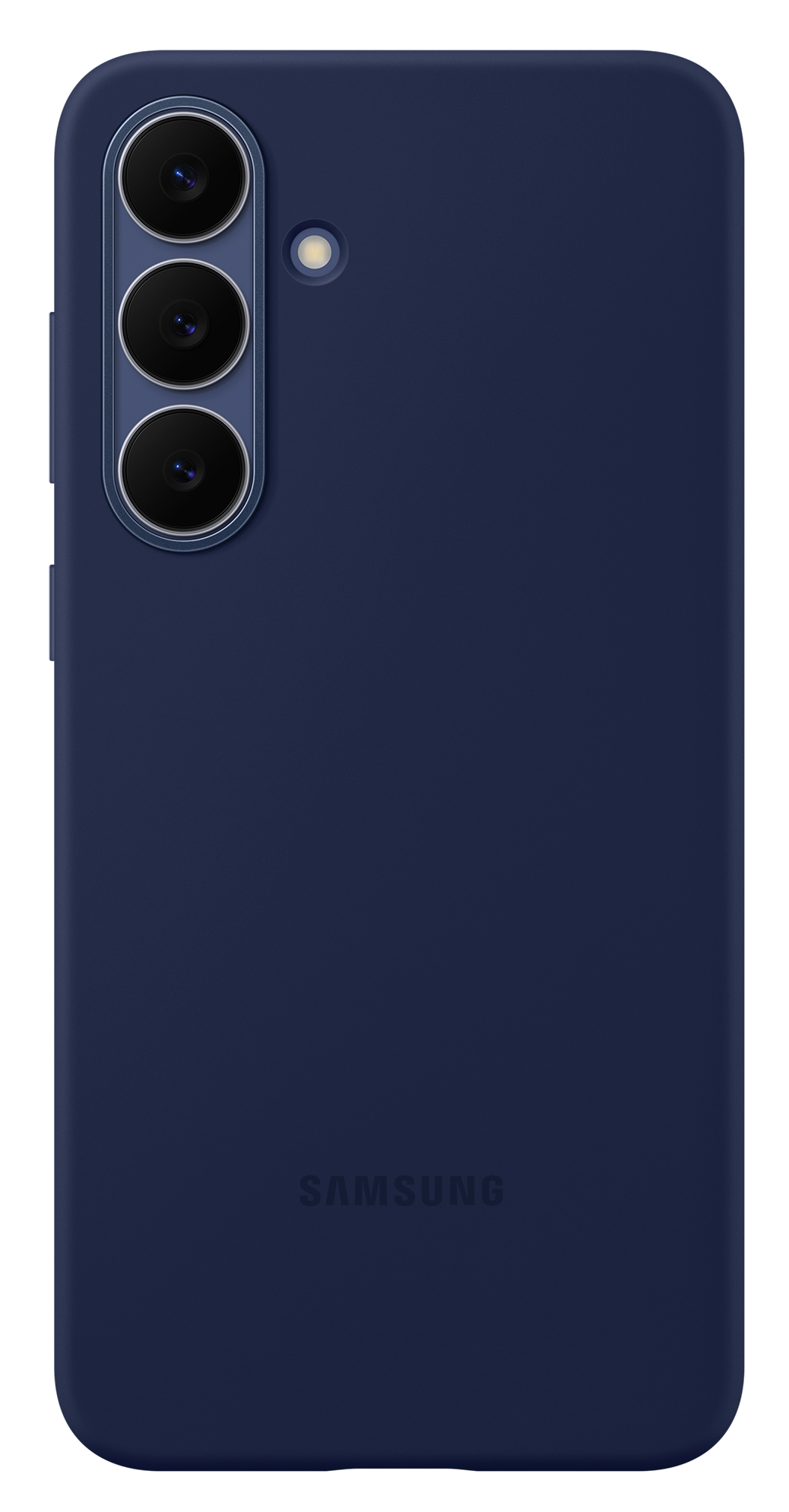 Granatowa tylna obudowa telefonu z obiektywami aparatu i logo Samsung. Tło jest czarne.