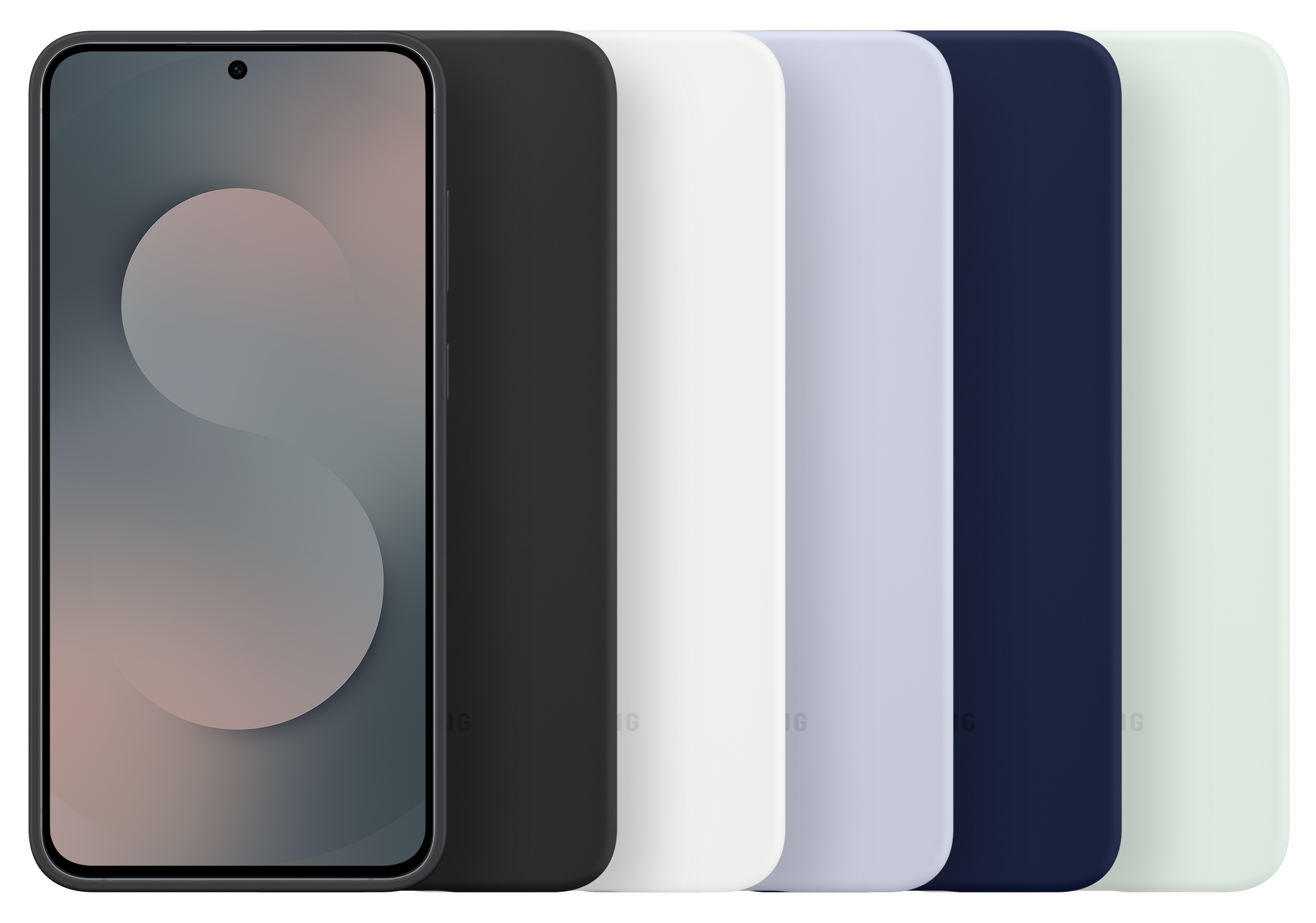 Smartfon z wyświetlaczem pokazującym wzór i kilka etui na telefon w różnych kolorach.