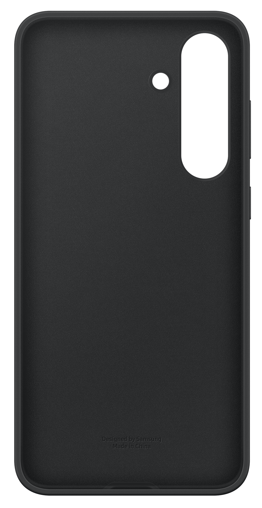 Czarne etui na telefon z wycięciem na aparat i małym otworem. Na dole tekst: 'Designed by Samsung, Made in China'.